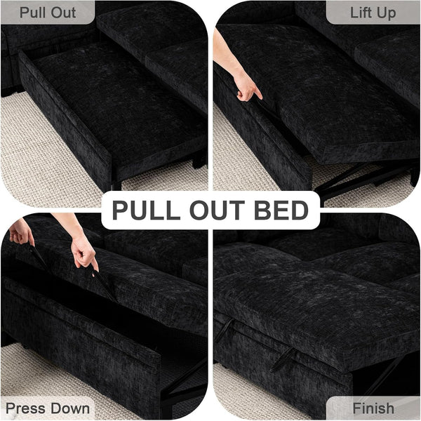85 Inch Modular Sectional Sleeper Sofa with Pull Out Bed,L Shaped 5 Seat Sectional Couch with Storage, Modern Chenille Cloud Couch, Convertible Sectional Couches for Living Room, Apartment, Black5