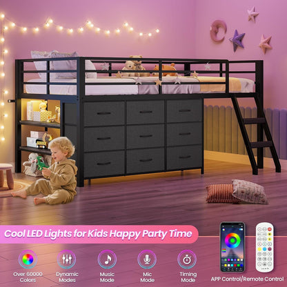 Low Loft Bed Twin Size with 9 Storage Drawers, LED Lights Loft Bed5