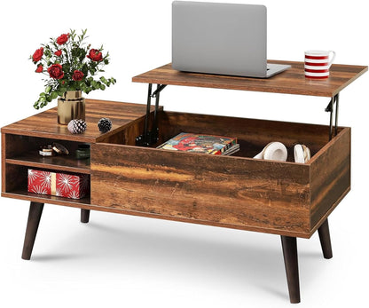 Lift Top Coffee Table with Hidden Storage, Adjustable Shelf, Brown | Mid Century Modern Wooden Coffee Table, for Dining/Living Rooms/Offices; 39.4"W X 19.7"D X 16.9"H1