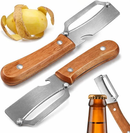 2026 Upgrade Vegetable Peeler with Wooden Handle, Stainless Steel Wide Blade Potato and Carrot Peeler, 2-In-1 Veggie Peeler with Bottle Opener for Kitchen, Camping and Travel (2PCS)1