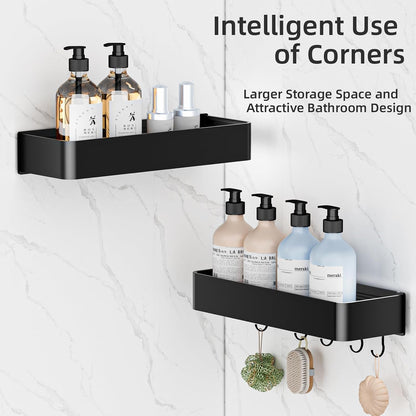 Shower Caddy Adhesive, No Drill Rustproof Bathroom Shelf, 2 Pack Large Capacity Aluminum Shower Shelves, Shower Organizer Rack with 5 Removable Hooks,Black/30Cm7