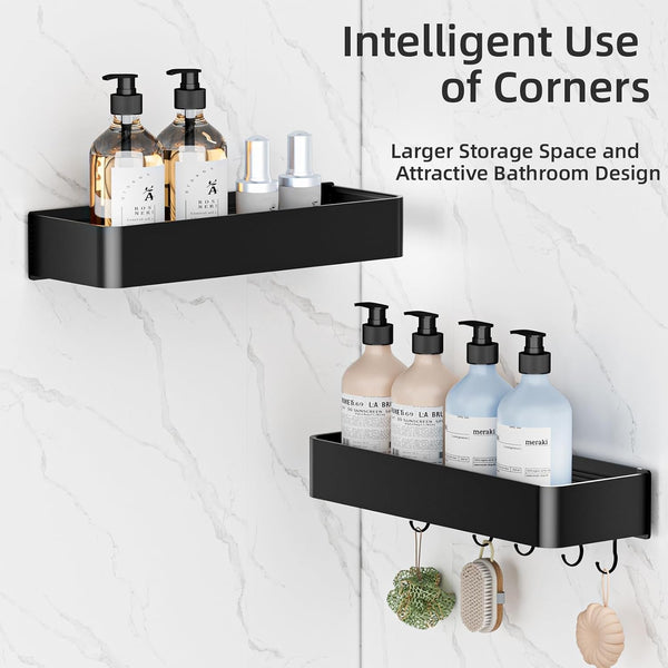 Shower Caddy Adhesive, No Drill Rustproof Bathroom Shelf, 2 Pack Large Capacity Aluminum Shower Shelves, Shower Organizer Rack with 5 Removable Hooks,Black/30Cm7
