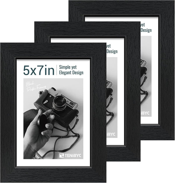 5X7 Picture Frame 3 Pack, Black Wood, Real Glass, for Photo, Art1