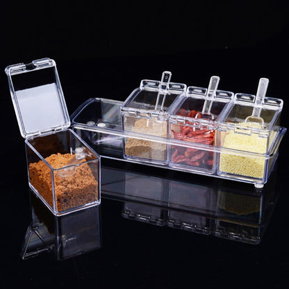 4-Cell Clear Seasoning Rack Spice Box Storage Container Condiment Jars Acrylic Seasoning Box with Cover and Spoon3