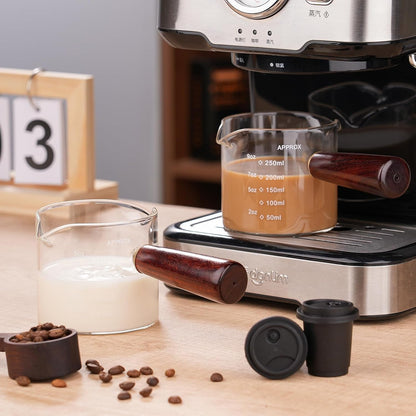 250ML/8.5OZ Measuring Cup Espresso Shot Glasses Double Spouts Large Coffee Cup with Wood Handle Triple Pitcher Milk Cup Parts Clear Glass by  (250Ml-1Pack)5