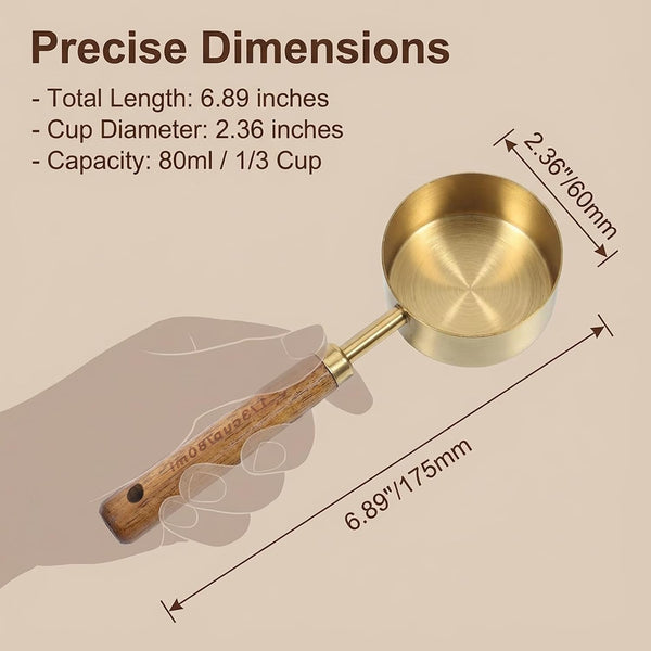 1/3 Cup Measuring Cup, 80Ml Stainless Steel Measuring Scoop Gold Coffee Scoop 1/3 Teaspoon with Wooden Handle for Baking Cooking Wet and Dry Ingredients2