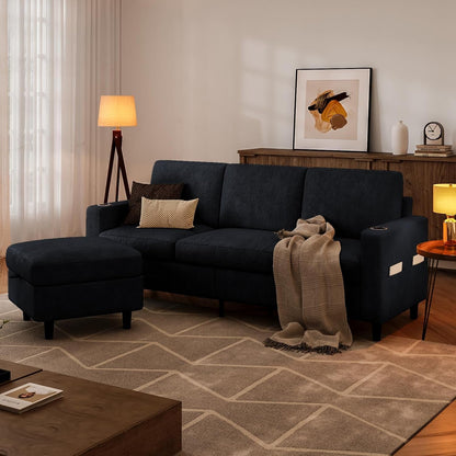 Convertible Sectional Couches for Living Room, 3 Seats L Shaped Sofa with Storage Ottoman & 2 Cup Holders, Modern Corduroy Couch Small Sofas for Small Space, Apartment, Office, Black8