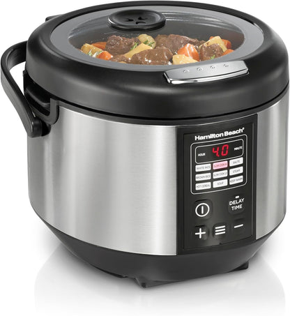 Stay or Go 20 Cup Portable Multi Cooker with Lid Latch | Rice Cooker, Slow Cooker, Food Steamer | Easy Digital Controls | Pfas-Free Nonstick Pot | Glass Lid | Black & Stainless Steel1