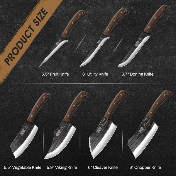 Butcher Knife Set, Sharp Kitchen Knife Set & Roll Bag Gift for Men | Hand Forged 8PCS Butcher Chef Knife Set with Meat Cleaver Knife & Bone Chopper Knives & Fillet Knives for Home, Camping, BBQ2