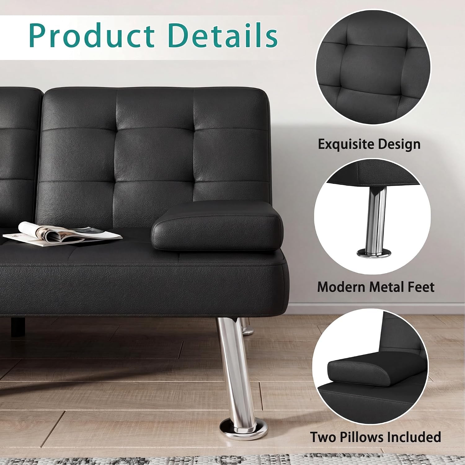 futon-sofa-bed-black-faux-leather-convertible-loveseat-couch