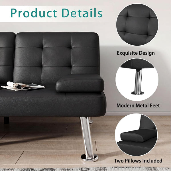 Futon Sofa Bed, Black Faux Leather Convertible Loveseat Couch6