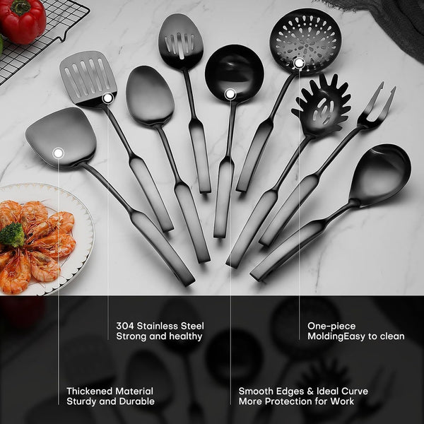 Kitchen Utensil Set, 9-Piece Cooking Utensil Set,Include 304 Stainless Steel Spatula Skimmer, Soup Ladle, Spaghetti Server,Slotted & Solid Spoon, Slotted Spatula Turner, Meat Fork(Black）4