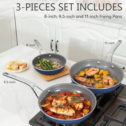 3-Piece Blue Ceramic Nonstick Frying Pan Set, Induction Cookware | 8, 9.5, 11 Inch Skillets; Non-Toxic PFAS, PFOA Free; Anti-Scald Handles; Dishwasher&Oven Safe to 480°F; Swift Clean Up2