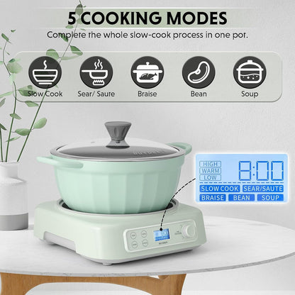 LP55 5-In-1 Slow Cooker with Removable Nonstick Stockpot, 4.7QT | Compatible with Various Cookwares, Two Temperature Controls, Customized Time Settings, Auto Keep Warm for 2H, Cozy Greenish2