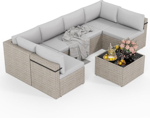 7-Piece Outdoor Sectional Sofa Set, Weather-Resistant Patio Furniture Set with Washable Cushions and Coffee Table, Grey Rattan Patio Conversation Set for Poolside, Backyard, Deck (Grey)9