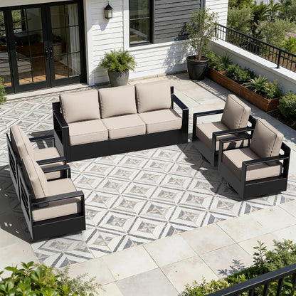 Outdoor Aluminum Furniture Set, 5-Piece Patio Conversation Set, 4 Swivel Chairs and 1 Sofa, All-Weather Metal Frame, 6" Thick Removable Cushions, Deep Setting for Garden, Poolside and Porch1