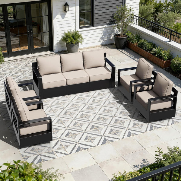 Outdoor Aluminum Furniture Set, 5-Piece Patio Conversation Set, 4 Swivel Chairs and 1 Sofa, All-Weather Metal Frame, 6" Thick Removable Cushions, Deep Setting for Garden, Poolside and Porch1
