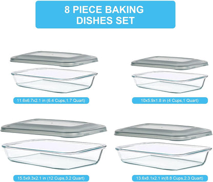 8 Pieces Glass Baking Dish with Lids, Gray | Rectangular Glass Baking Pan, Bakeware Set with Lids for Lasagna, Leftovers, Cooking, Fridge-To-Oven, Casserole Dish2