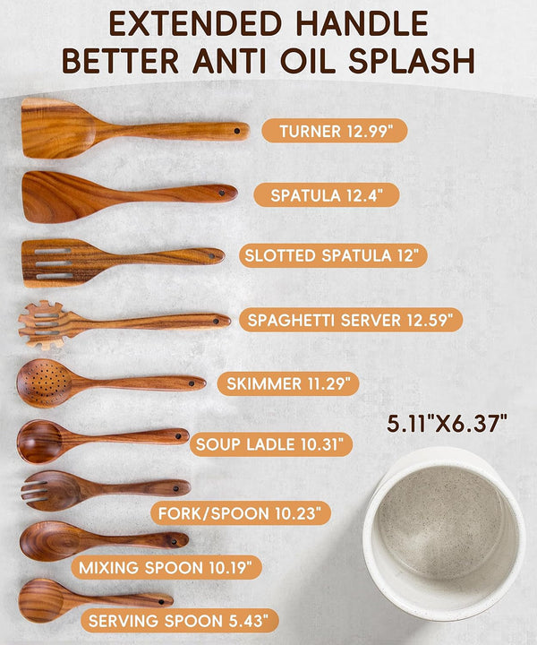 Wooden Cooking Utensils Set with Ceramic Holder,Teak Wood Utensils 10Pcs4