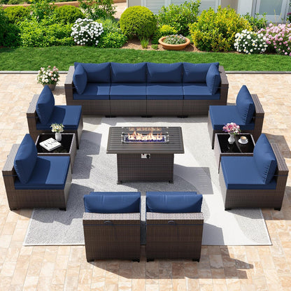13 Pieces Outdoor Patio Furniture Set,Outdoor Sectional Furniture with 43" 55000 BTU Gas Propane Fire Pit Table,Pe Rattan Wicker Patio Conversation Set with 10 Thickened Cushions,Navy Blue1
