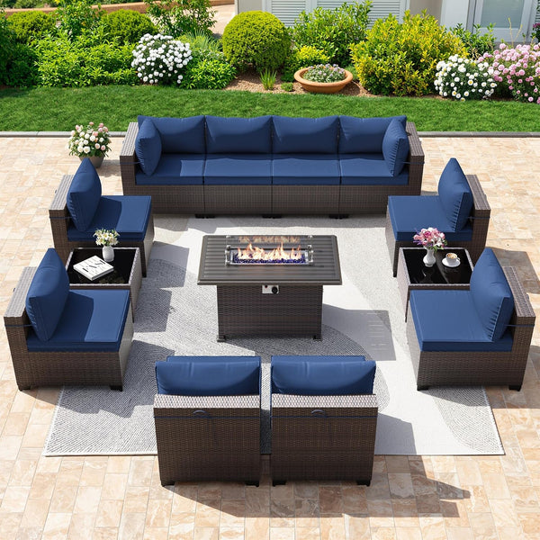 13 Pieces Outdoor Patio Furniture Set,Outdoor Sectional Furniture with 43" 55000 BTU Gas Propane Fire Pit Table,Pe Rattan Wicker Patio Conversation Set with 10 Thickened Cushions,Navy Blue1
