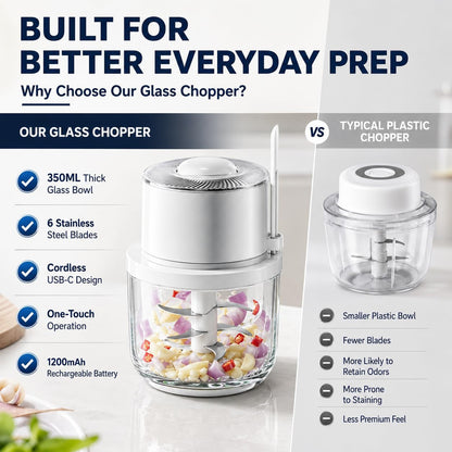 Electric Garlic Chopper 350ML, Portable USB Rechargeable Veggie Chopper | Glass Bowl Mini Food Processor, Wireless Garlic Grinder Masher Onion Chopper for Ginger, Chili, Fruit, Meat, Etc7