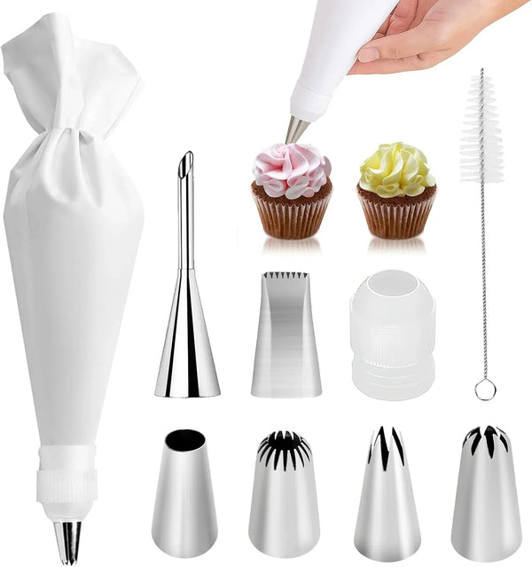 9-Piece Reusable Piping Bags and Tips Set with Stainless Steel Nozzles | Thick Cotton Bag, 6 Stainless Steel Tips, Secure Coupler and Brush for Cakes, Cupcakes and Cookies Decorating, Easy to Reuse1