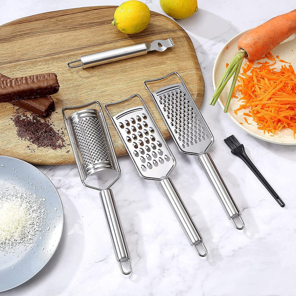 Stainless Steel Cheese Grater Set, Set of 5 Kitchen Grater & Peeler & Slicer, Lemon Zester with Cleaning Brush for Vegetable, Fruit, Chocolate2