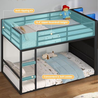 Low Twin over Twin Bunk Bed with 6 Storage Drawers, LED Lights7