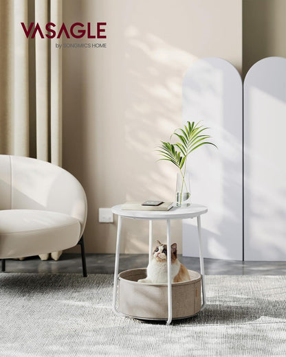 VASAGLE LILEA Collection - Small round Side End Table, Modern Nightstand with Fabric Basket, Matte White and Camel Brown ULET223W102