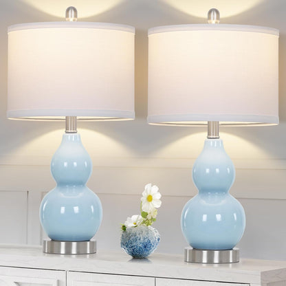 22" Double Gourd Ceramic Table Lamps Set of 2, Blue Modern Bedside Lamps for Living Room, Contemporary Nightstand Desk Lamps for Bedroom End Table Home Office Study Room Decor(2 LED Bulbs Included)9