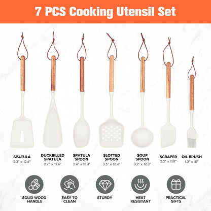 Silicone Cooking Utensils Set of 7, Wooden Handle (White)6