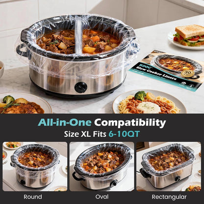 30 Count Slow Cooker Liners, Fits 6–10 Qt Pots, 14" X 22" Large Size | Disposable Cooking Bags, Heat Resistant up to 400°F, Leakproof Design, Durable Nylon Blend, BPA Free, for round & Oval Pots2