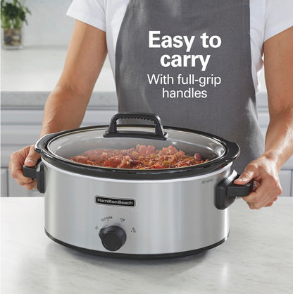 6 Quart Slow Cooker with 3 Cooking Settings | Dishwasher-Safe Stoneware Crock & Glass Lid | Silver | 33665G3