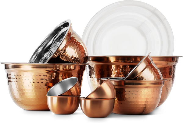 18 Piece Mixing Bowls Set with Airtight Lids, Handcrafted Stainless Steel Bowls, Food Storage Containers, Meal Prep, Nesting Salad Bowls for Cooking, Baking, Kitchen, Copper - Hammered1