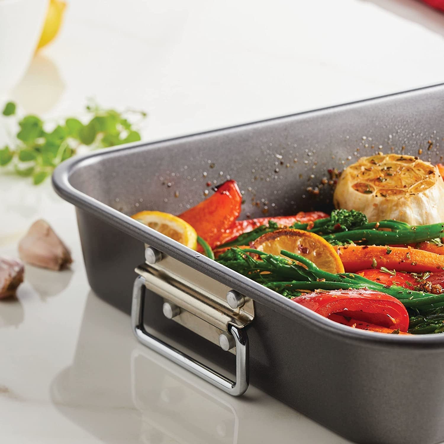 bakeware-nonstick-roaster-with-flat-rack-roasting-pan-with-rack-for-home-cooking-11-inch-x-15-inch-gray