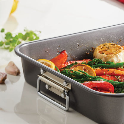 Bakeware Nonstick Roaster with Flat Rack, Roasting Pan with Rack for Home Cooking, 11-Inch X 15-Inch, Gray9