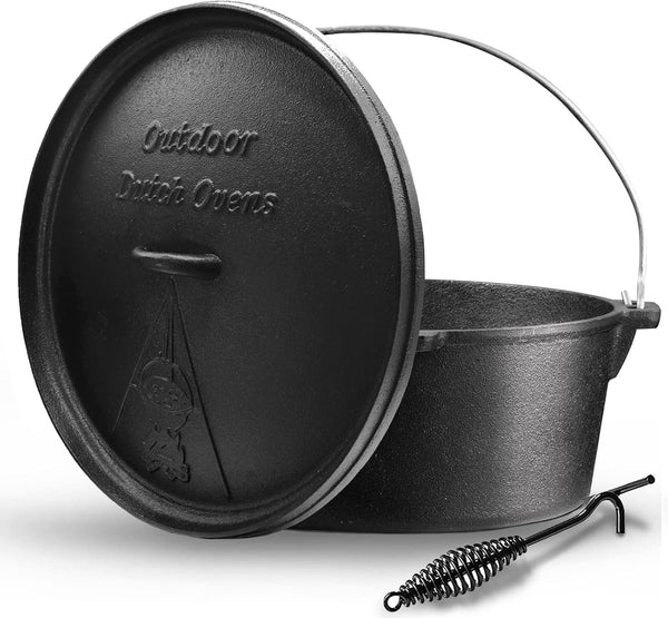 Camping Dutch Oven,12 Qt Pre-Seasoned Cast Iron Camp Dutch Oven Pot with Lid - Lid Lifter, Cast Iron Dutch Oven with Metal Handle for Cooking BBQ Baking Campfire Modern Black1