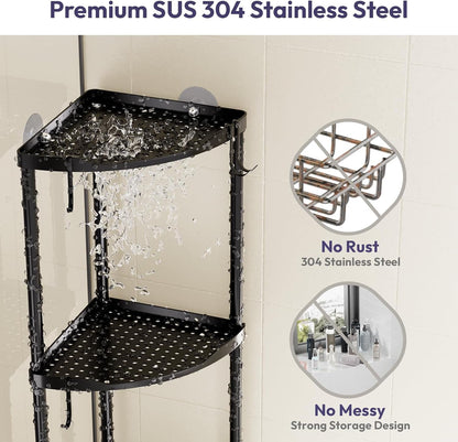 Corner Shower Caddy Standing - 3 Tier Stainless Steel Shower Organizer Stand, Large Capacity Floor Shelf with 4 Hooks, Rustproof Bathroom Storage Rack, Black4
