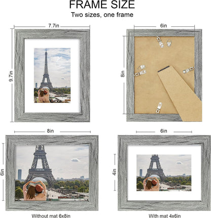 6X8 Picture Frame Set of 4, Made of Real Glass and Grey Frame - Display Picture 4X6 with Mat or 6X8 without Mat, 6 by 8 Photo for Wall or Tabletop2