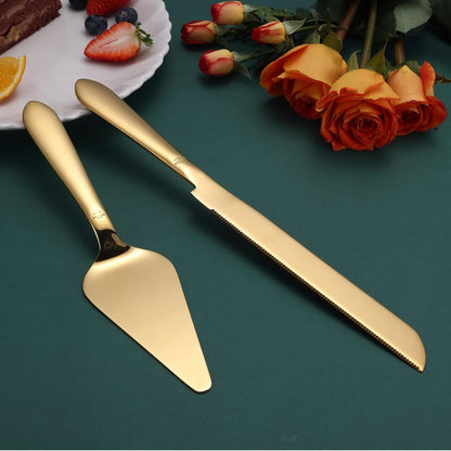 Cake Cutting Set for Wedding, Elegant Cake Knife and Server Set with Thickened Stainless Steel Rounded Edges, Cake Cutter Pie Spatula for Birthday Anniversary, 2 Pcs, Gold2