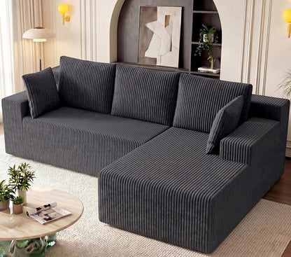 Cloud Sectional Boneless Couches for Living Room, Modular L Shaped Couch with Deep Seat Oversized Right Facing Chaise, Memory Foam Compressed Spineless 3 Seater Sofa, Wide-Striped Grey1