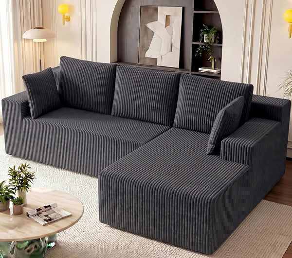 Cloud Sectional Boneless Couches for Living Room, Modular L Shaped Couch with Deep Seat Oversized Right Facing Chaise, Memory Foam Compressed Spineless 3 Seater Sofa, Wide-Striped Grey1