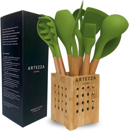 Green Silicone Kitchen Utensil Set – 10-Piece Cooking Tools with Wooden Handles & Ventilated Bamboo Holder, Heat-Resistant Silicone, Nonstick Safe, Bpa-Free Kitchen Gadgets Set – Sage Green1