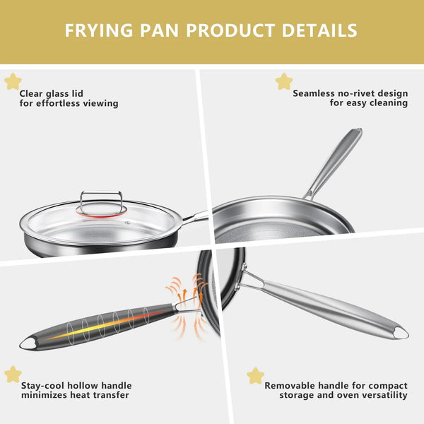 Tri-Ply Stainless Steel Frying Pan, Compatible with All Cooktops up to 600℉, Large Frying Pan with Lids, Induction-Ready Skillet, Dishwasher and Oven Safe, Even Heat (12.4 Inch)5