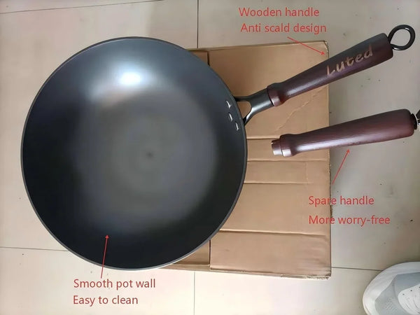 Chinese Wok with Lid, 13.4 Inch Flat Bottom, Cast Iron | Stir-Fry Deep Fryer, Uncoated for Open Fire, PFAS PFOA Free, Riveted Solid Wood Handle, for about 3-5 People6