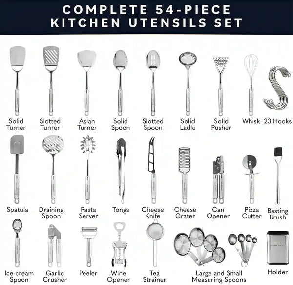 54-Piece Stainless Steel Kitchen Utensils Set - Heat-Resistant Nonstick Silicone & Stainless Steel Cooking Utensils - Complete Tools with Slotted Spoon & Pasta Spoon - Pack of 54, Silver2