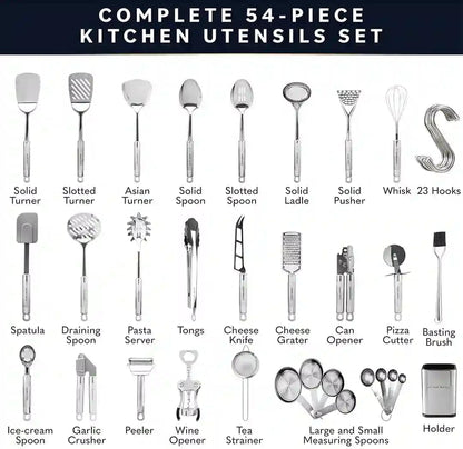 54-Piece Stainless Steel Kitchen Utensils Set - Heat-Resistant Nonstick Silicone & Stainless Steel Cooking Utensils - Complete Tools with Slotted Spoon & Pasta Spoon - Pack of 54, Silver2