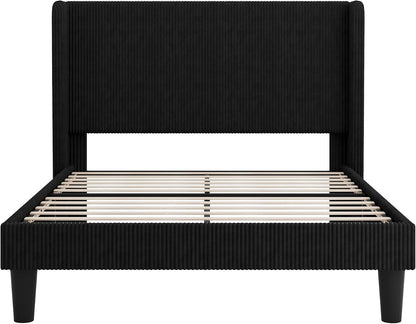 Full Corduroy Platform Bed with Tufted Wingback Headboard, Black10