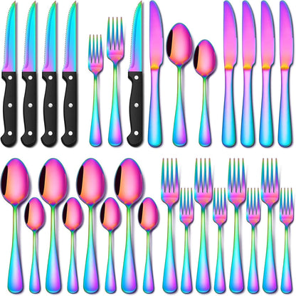 24 Piece Rainbow Silverware Set with Steak Knives Stainless Steel Flatware Set for 4 Cutlery Utensil Set Includes Knife Spoon and Fork Mirror Polished Dishwasher Safe for Home Restaurant1